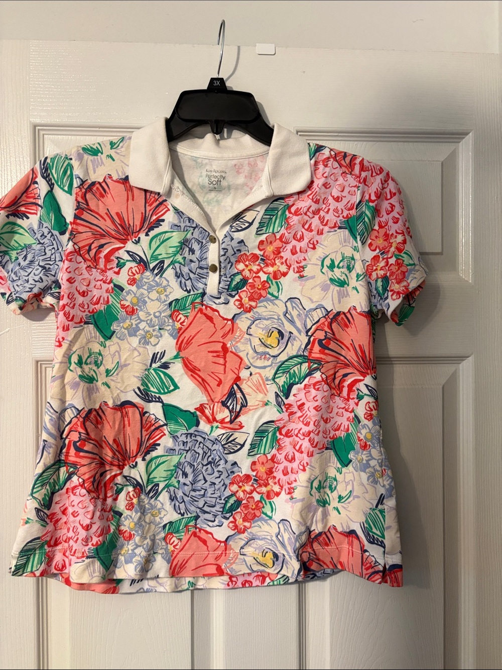 Kim Rogers White Polo Shirt with Coral, Green & Light Blue Floral Print